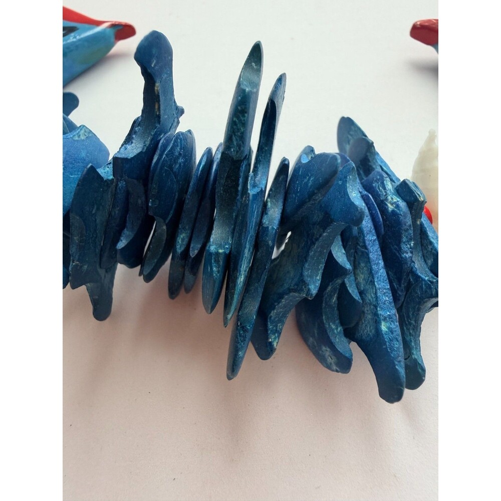 Vintage Hand Carved Wood Tropical Fish Shell Statement Necklace Blue Ocean Boho - Picture 2 of 8